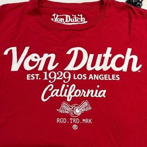 Y2K VON DUTCH men's red and white graphic t-shirt, size small.